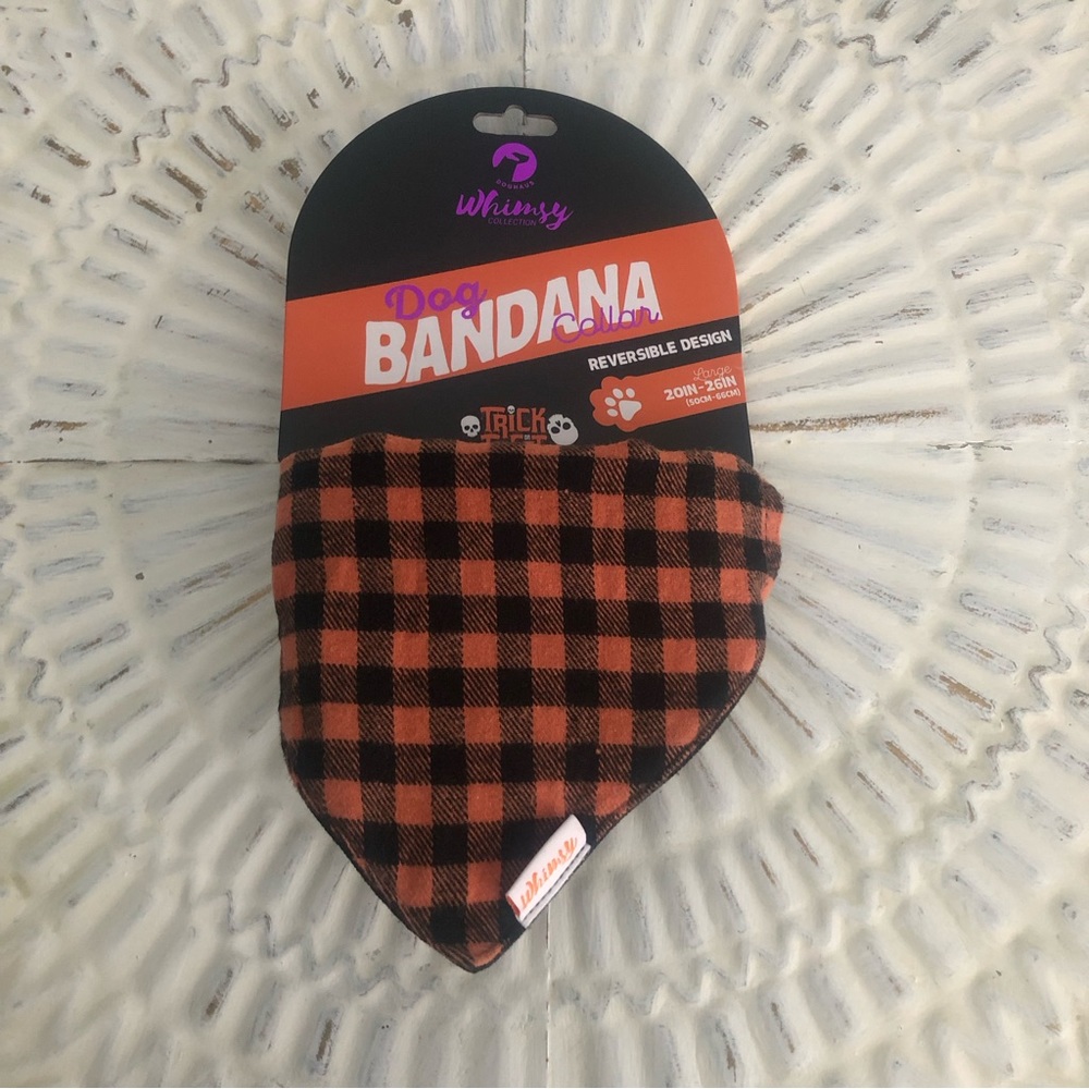 Doghaus Whimsy Collection Large Orange & Black Checkerboard Bandanna & collar